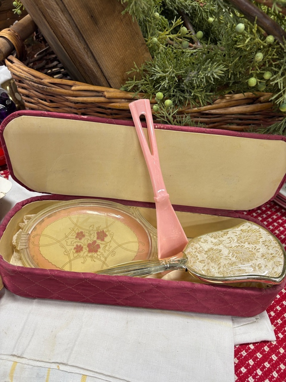 Vintage Hand Mirror and Brush Vanity Set in Pink and Gold dresser box
